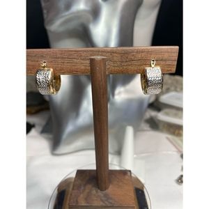 14k two tone diamond etched huggy earrings